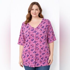 Vintage Northern Reflections Floral Button Front Tee Pink Cotton Jersey knit XL